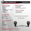 Eine Tabelle zeigt die Passform des Gomexus Crank 120mm Handle mit 30 mm TPE-Knöpfen (7x4mm) und listet kompatible Shimano-, Daiwa- und Abu Garcia-Baitcasterrollenmodelle auf. Ein Bild des Gomexus-Griffs mit TPE-Knöpfen ist unten abgebildet.