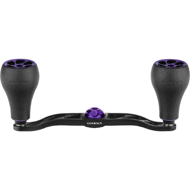 Der Gomexus Crank 120 mm Griff mit 30 mm TPE-Knöpfen (7 x 4 mm), in Schwarz mit kräftigen violetten Akzenten und zwei großen strukturierten Knöpfen, wird von Gomexus vor einem weißen Hintergrund präsentiert.