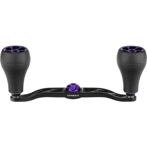 Der Gomexus Crank 120 mm Griff mit 30 mm TPE-Knöpfen (7 x 4 mm), in Schwarz mit kräftigen violetten Akzenten und zwei großen strukturierten Knöpfen, wird von Gomexus vor einem weißen Hintergrund präsentiert.