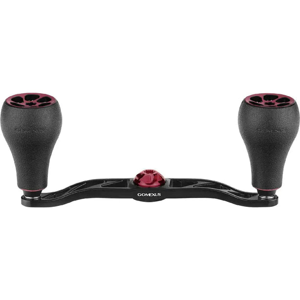 Ein schwarzer Gomexus Crank 120-mm-Griff mit zwei großen 30-mm-TPE-Knöpfen (7 x 4 mm) und roten Akzenten, der für Baitcasterrollen entwickelt wurde, wird auf einem schlichten weißen Hintergrund angezeigt.