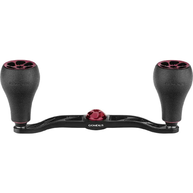 Ein schwarzer Gomexus Crank 120-mm-Griff mit zwei großen 30-mm-TPE-Knöpfen (7 x 4 mm) und roten Akzenten, der für Baitcasterrollen entwickelt wurde, wird auf einem schlichten weißen Hintergrund angezeigt.