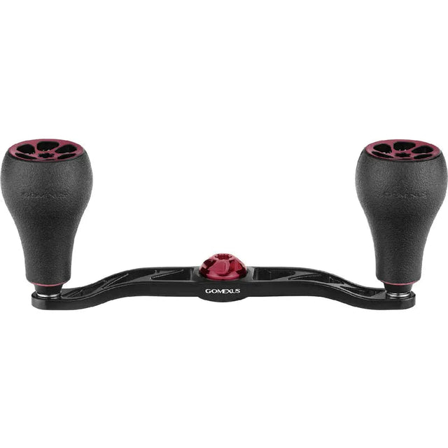 Ein schwarzer Gomexus Crank 120-mm-Griff mit zwei großen 30-mm-TPE-Knöpfen (7 x 4 mm) und roten Akzenten, der für Baitcasterrollen entwickelt wurde, wird auf einem schlichten weißen Hintergrund angezeigt.