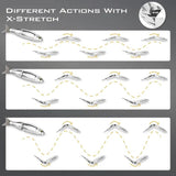 Ein Diagramm zeigt drei Reihen silberner Gomexus Cyberbait 240-Köder von Gomexus. Jeder Köder zeigt verschiedene Schwimmbewegungen mit gelben gestrichelten Linien und Pfeilen. Der Text darüber lautet: Verschiedene Bewegungen mit X-Stretch-Technologie.