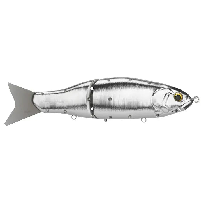Der Gomexus Cyberbait 240 von Gomexus ist ein silberner, gegliederter Swimbait-Angelköder mit fischähnlichem Design, gelbem und schwarzem Auge, Metallic-Finish, grauer Schwanzflosse und präzisen CNC-gefrästen Details.