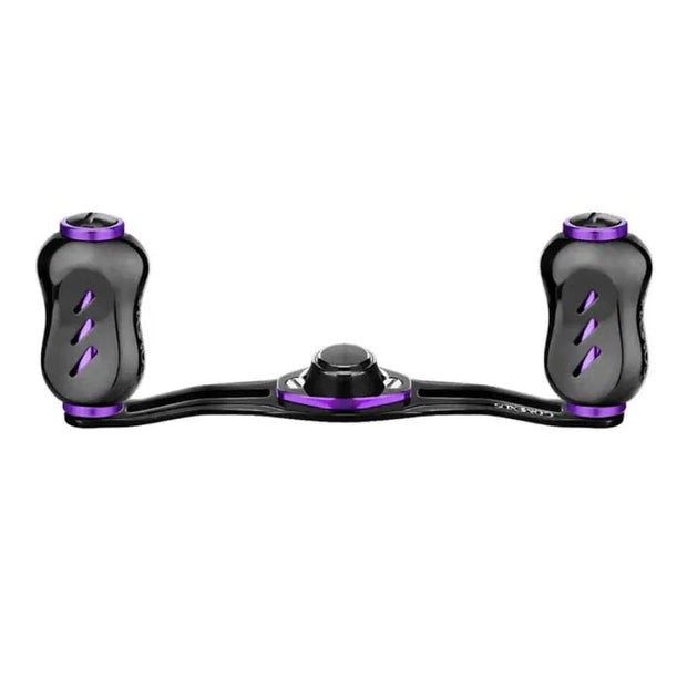 Der Gomexus Kage Titanium Handle mit 22 mm Titanium Knobs (8x5mm) von Gomexus ist ein schwarz-violetter Angelrollengriff mit Doppelgriff und ergonomischen Griffen, gefertigt aus leichter Titanium-Legierung, abgebildet auf weißem Hintergrund.