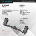 Der Gomexus Kage Titanium Handle mit 22 mm Titanium Knobs (8x5mm) ist ultraleichtes Angelzubehör, kompatibel mit Shimano, Daiwa und Abu Garcia; Bilder zeigen Modelle und Passformdetails je Marke.