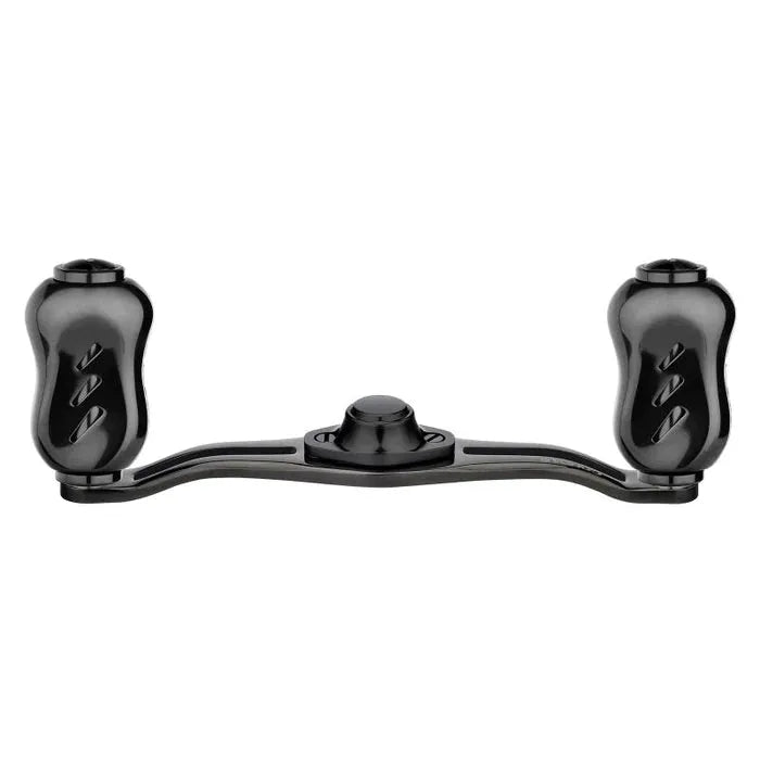 Der Gomexus Kage Titanium Handle mit 22 mm Titanium Knobs (8x5mm) von Gomexus verfügt über zwei ergonomische Titanium Knobs und eine zentrale Befestigung, ideal für ultraleichtes Angelzubehör, präsentiert auf einem schlichten weißen Hintergrund.