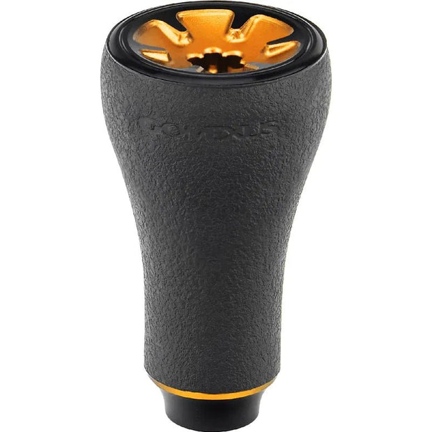 Der Gomexus P20 mm TPE-Knopf von Gomexus verfügt über ein schwarz-oranges Design, einen Griff aus strukturiertem TPE-Material und einen kreisförmigen, nach oben gerichteten Kopf mit mehreren Mustern.