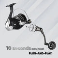 Eine Gomexus Plug & Play Aluminium-Power-Kurbel für die Daiwa BG MQ 2500–20000 ist einzeln vor hellem Hintergrund abgebildet. Der Text „10 Sekunden einfache Installation, Plug-and-Play“ unterstreicht die schnelle Befestigung an Ihrer Rolle.