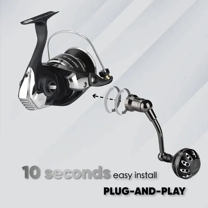 Eine Gomexus Plug & Play Aluminium-Power-Kurbel für die Daiwa BG MQ 2500–20000 ist einzeln vor hellem Hintergrund abgebildet. Der Text „10 Sekunden einfache Installation, Plug-and-Play“ unterstreicht die schnelle Befestigung an Ihrer Rolle.
