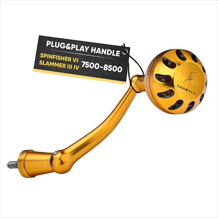 Die Gomexus Plug & Play Aluminium-Power-Kurbel mit goldfarbenem, belüftetem Knauf und sichtbarem Branding passt auf Penn Spinfisher VI&VII und Slammer III&IV 2500-10500 Rollen. Plug & Play-Installation; CNC-gefräst von Gomexus.