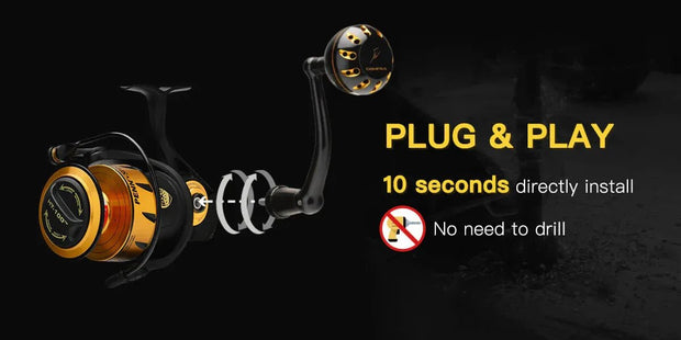 Die Gomexus Plug & Play Aluminium-Power-Kurbel für Penn Spinfisher VI&VII & Slammer III&IV (2500-10500) wird separat und beschriftet dargestellt. Der Text lautet „PLUG & PLAY, 10 Sekunden Installation, kein Bohren erforderlich“ neben einem durchgestrichenen Bohrersymbol.