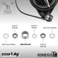 Ein beschriftetes Diagramm des Gomexus Schnurlaufröllchens für Shimano Angelrollen zeigt Lager, Seitendeckelscheiben, Schnurlaufröllchen, die Atomstruktur von Titan und die Wetterbeständigkeit. Mit GOMEXUS- und Ti-Logos; Gesamtgewicht: 1,6 g.