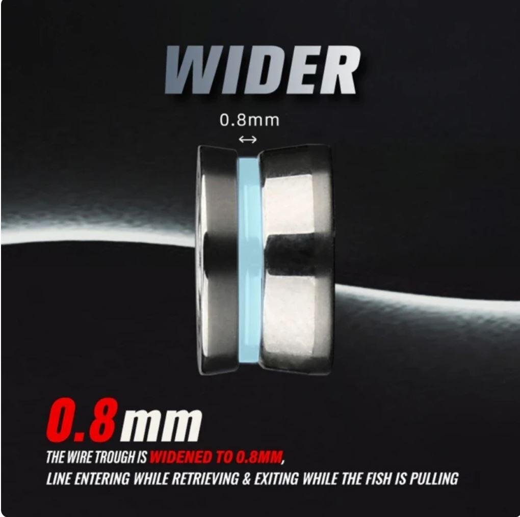 Eine Nahaufnahme des Gomexus Schnurlaufröllchens für Shimano Angelrollen zeigt einen Metallring mit blauer Mitte und 0,8 mm Breite, der über eine verbreiterte Drahtrinne verfügt, um das Ein- und Auslaufen der Schnur beim Einholen und Ziehen zu erleichtern.