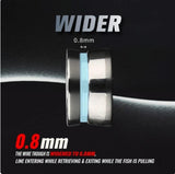 Eine Nahaufnahme des Gomexus Schnurlaufröllchens für Shimano Angelrollen zeigt einen Metallring mit blauer Mitte und 0,8 mm Breite, der über eine verbreiterte Drahtrinne verfügt, um das Ein- und Auslaufen der Schnur beim Einholen und Ziehen zu erleichtern.