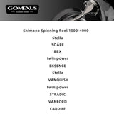 Liste der Shimano Rollenmodelle (1000-4000), die mit Gomexus Schnurlaufröllchen für Shimano Angelrollen von Gomexus kompatibel sind, dargestellt in schwarzer Schrift auf weißem Grund, mit einer teilweise sichtbaren Angelrolle in der oberen rechten Ecke.