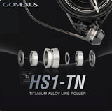 Ein Werbebild für das Gomexus Schnurlaufröllchen für Shimano Angelrollen zeigt mehrere Komponenten in einer Reihe, den Produktnamen, Spezifikationen und die herausragende Wetterbeständigkeit von Gomexus.