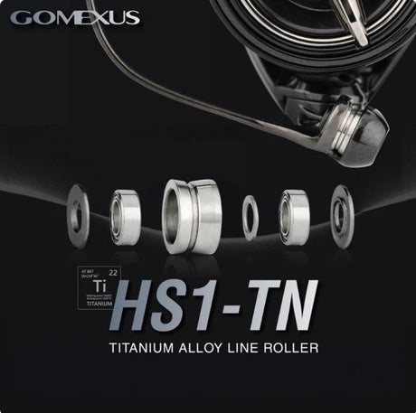 Ein Werbebild für das Gomexus Schnurlaufröllchen für Shimano Angelrollen zeigt mehrere Komponenten in einer Reihe, den Produktnamen, Spezifikationen und die herausragende Wetterbeständigkeit von Gomexus.