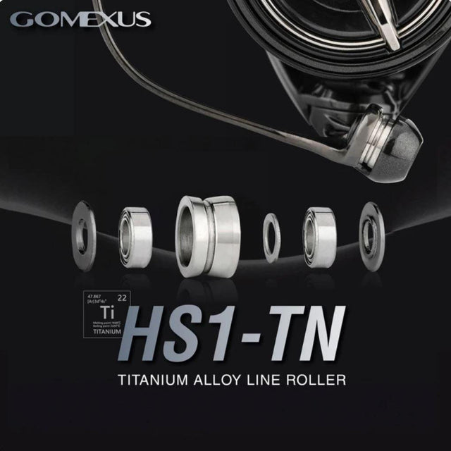 Ein Werbebild für das Gomexus Schnurlaufröllchen für Shimano Angelrollen zeigt mehrere Komponenten in einer Reihe, den Produktnamen, Spezifikationen und die herausragende Wetterbeständigkeit von Gomexus.