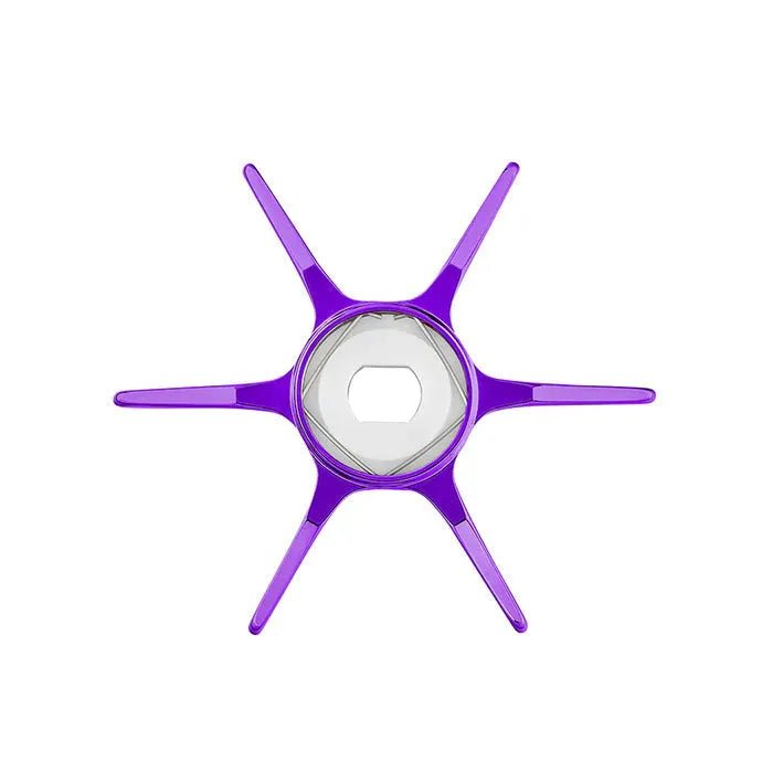 Ein klares sechseckiges Objekt mit sechs violetten Armen strahlt nach außen wie ein stilisierter Stern - ähnlich dem präzisen Design der Gomexus Sternbremse 60 mm von Gomexus für Shimano - von oben auf weißem Hintergrund betrachtet.