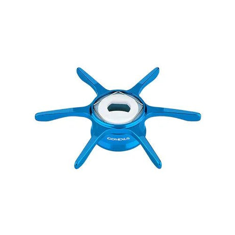 Ein blauer Gomexus Sternbremse 60 mm | Shimano Stativständer aus Metall mit einem silbernen Zentrum und "GONEBUS" auf der Seite, entworfen, um Ihre Shimano Baitcastrolle zu ergänzen. Fotografiert auf einem weißen Hintergrund.