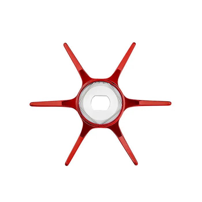 Draufsicht auf die Gomexus Sternbremse 60 mm | Shimano, ein rotes, sechsarmiges Kunststoffzubehör mit einem transparenten sechseckigen Zentrum von Gomexus, dargestellt vor einem weißen Hintergrund.