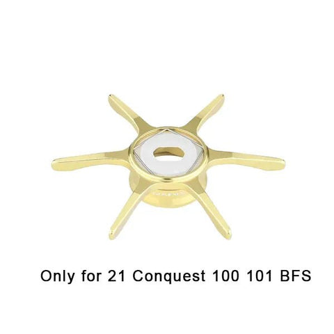 Ein goldenes Gomexus Sternbremse 60 mm Angelrollengriffteil für Shimano 22 Aldebaran BFS und 21 Calcutta Conquest 100-101 wird auf einem weißen Hintergrund dargestellt.