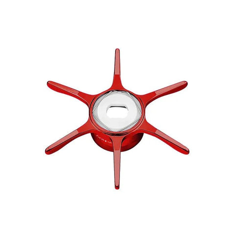 Eine rote Gomexus Sternbremse 60 mm für Shimano mit sechs Aluminiumzinken und einem runden Zentrum mit einem Flaschenöffner aus Metall, dargestellt auf weißem Hintergrund.