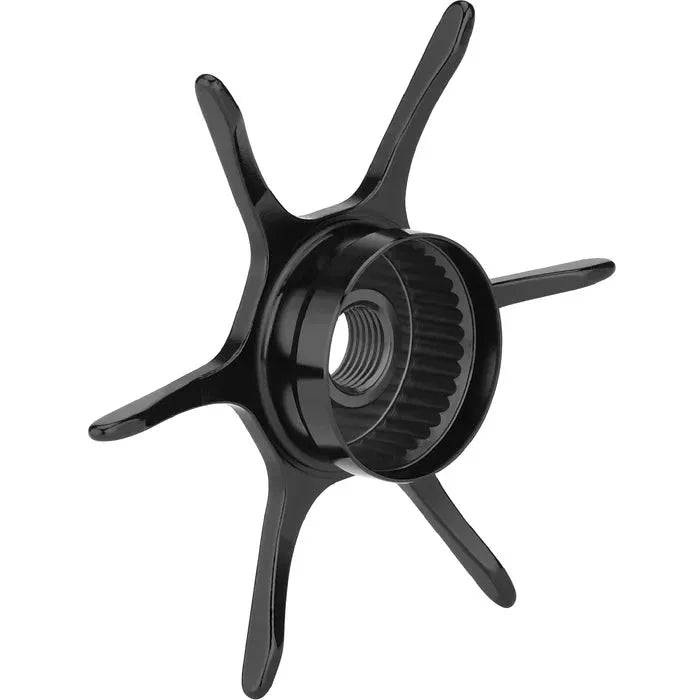 Auf weißem Hintergrund ist die Gomexus Sternbremse Aluminium 64 mm von Gomexus abgebildet, ein schwarzer sechsspeichiger Fahrradkurbelstern aus Metall mit mittigem Gewindeloch.