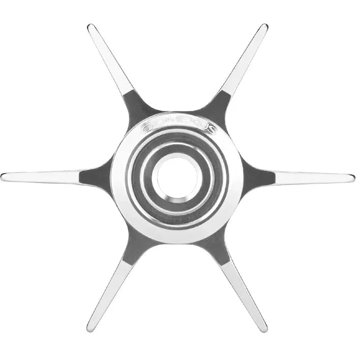Die Gomexus Sternbremse Aluminium 64 mm für Abu Garcia, von oben gesehen, verfügt über sechs gleichmäßig verteilte Speichen und ein Zentrallager – perfekt zum Aufrüsten Ihrer Angelrolle.