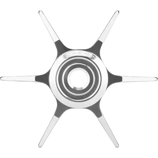 Die Gomexus Sternbremse Aluminium 64 mm für Abu Garcia, von oben gesehen, verfügt über sechs gleichmäßig verteilte Speichen und ein Zentrallager – perfekt zum Aufrüsten Ihrer Angelrolle.