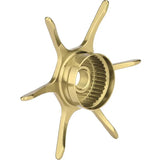 Vor einem weißen Hintergrund ist ein goldfarbenes, sechsspeichiges Metallzahnrad mit Gewinde in der Mitte und geriffelter Innenseite abgebildet, das Gomexus Sternbremse Aluminium 64 mm Upgrade für Abu Garcia Rollen.