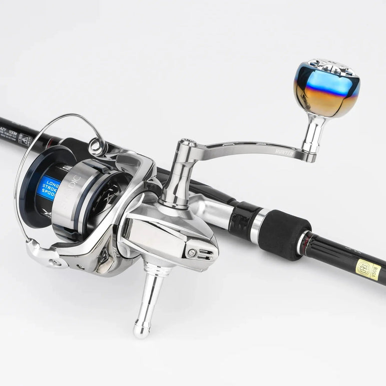 RL - Angelrollentuning - Gomexus Super - Duraluminium - Kurbel 70 mm mit 38 mm Titan Galaxy Knob für Stationärrollen - Handle - Silber - 70 mm - Daiwa