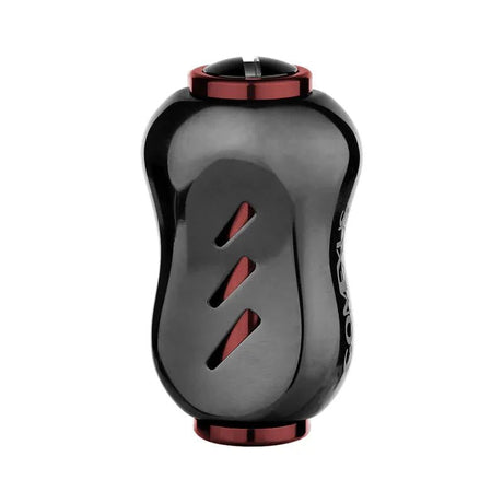 Der Gomexus Titanium 22 mm Knopf, in Schwarz und Rot, hat ein schwarzes, zylindrisches Design mit roten Endkappen und diagonalen Schlitzen, fotografiert vor einem schlichten weißen Hintergrund.