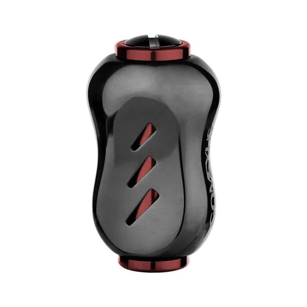 Der Gomexus Titanium 22 mm Knopf, in Schwarz und Rot, hat ein schwarzes, zylindrisches Design mit roten Endkappen und diagonalen Schlitzen, fotografiert vor einem schlichten weißen Hintergrund.