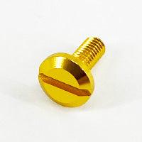 Die Hedgehog Studio Extra Super Duralumin Schraube für Schnurlaufröllchen, goldfarben mit flachem Kopf und geradem Schlitzantrieb, ideal für SHIMANO/DAIWA Spinnrollen, ist auf einem schlichten weißen Hintergrund abgebildet.