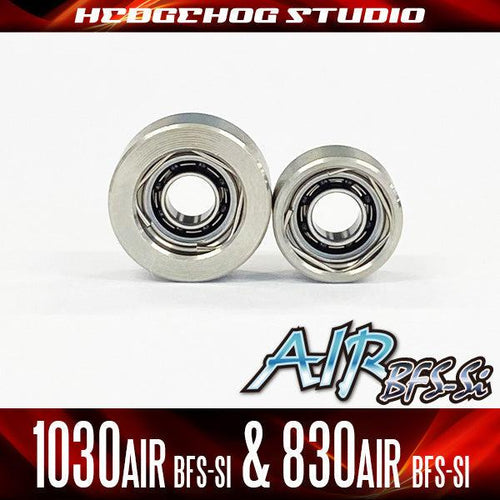 Zwei Metallkugellager unterschiedlicher Größe werden nebeneinander mit dem Schriftzug „Hedgehog Studio ‚Kattobi‘ Tuning Kit Kugellager | Daiwa Air BFS-Si Ceramic 1030 & 830“ auf weißem Hintergrund angezeigt.