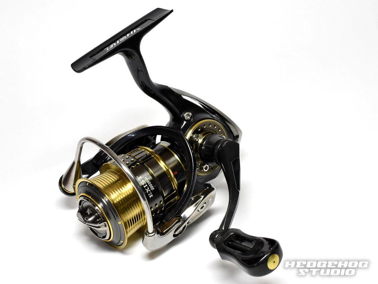 Eine Nahaufnahme einer schwarz-goldenen Spinnrolle mit der Hedgehog Studio Knob Cap für Daiwa Zaion, einer Spule und einem Griff aus Metall, ist auf weißem Hintergrund fotografiert. Das Hedgehog Studio-Logo erscheint in der unteren rechten Ecke.