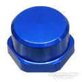Auf weißem Grund ist eine metallisch blaue Sechskantkappe mit glatter, runder Oberseite abgebildet. Das Hedgehog Studio Logo ist schwach zu erkennen und weist darauf hin, dass es sich um die Shimano Handle Locknut M7 für originale Shimano Kurbeln von Hedgehog Studio handelt.
