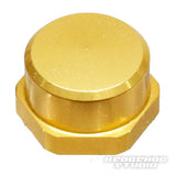 Auf weißem Hintergrund ist eine goldfarbene, sechseckige Hedgehog Studio Shimano Handle Locknut M7 für Original Shimano Kurbeln abgebildet, in der unteren rechten Ecke ist schwach HEDGEHOG STUDIO zu erkennen.