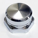 Eine Hedgehog Studio Shimano-Griff-Kontermutter M7 für Original Shimano-Kurbeln mit einer glänzenden, gebürsteten sechseckigen Duraluminium-Basis ruht auf einer weißen Oberfläche, deren Premium-Finish das Licht wie bei High-End-Komponenten reflektiert.