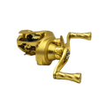 Die Loongze Airlite - A100 Air DBC von Loongze ist eine goldene Angelrolle mit doppeltem Griff, sichtbaren Zahnrädern und elektromagnetischer Bremssteuerung. Ihr fein bearbeitetes Metalldesign und die detaillierten Komponenten heben sich von einem schwarzen Hintergrund ab.