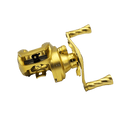 Die Loongze Airlite - A100 Air DBC Angelrolle von Loongze zeichnet sich durch eine goldene Farbe, zwei Griffe, sichtbare Zahnräder und Struktur sowie eine elektromagnetische Bremssteuerung aus, die vor einem weißen Hintergrund gezeigt wird.