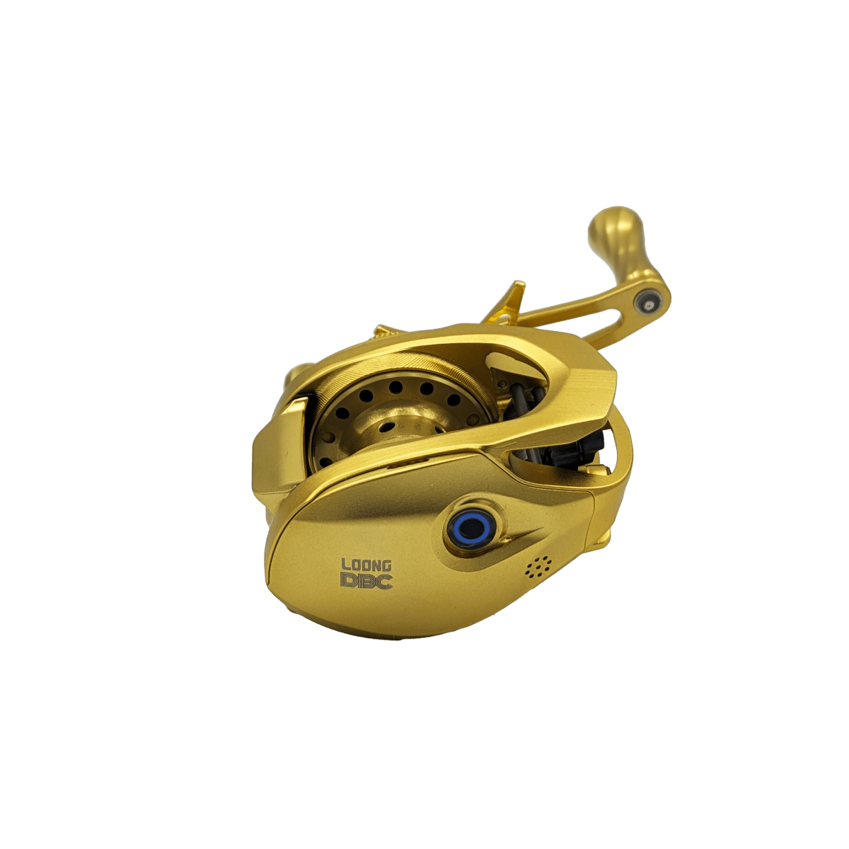 Eine goldfarbene Loongze Airlite - A100 Air DBC Angelrolle mit Griff, sichtbarer Spule und elektromagnetischer Bremskontrolle wird auf schwarzem Hintergrund gezeigt.