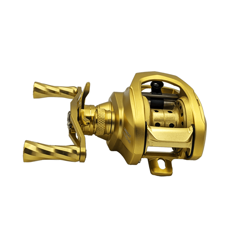 Die Loongze Airlite - A100 Air DBC, eine goldfarbene Baitcasting-Rolle mit zwei Griffen, Spule und Einstellknöpfen mit elektromagnetischer Bremssteuerung, wird vor einem schlichten schwarzen Hintergrund gezeigt.