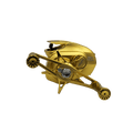 Die Loongze Airlite - A100 Air DBC von Loongze ist eine goldene, moderne Spinnrolle mit zwei perforierten Griffknöpfen, einer glatten, reflektierenden Oberfläche und einer fortschrittlichen elektromagnetischen Bremskontrolle, isoliert auf einem schwarzen Hintergrund dargestellt.