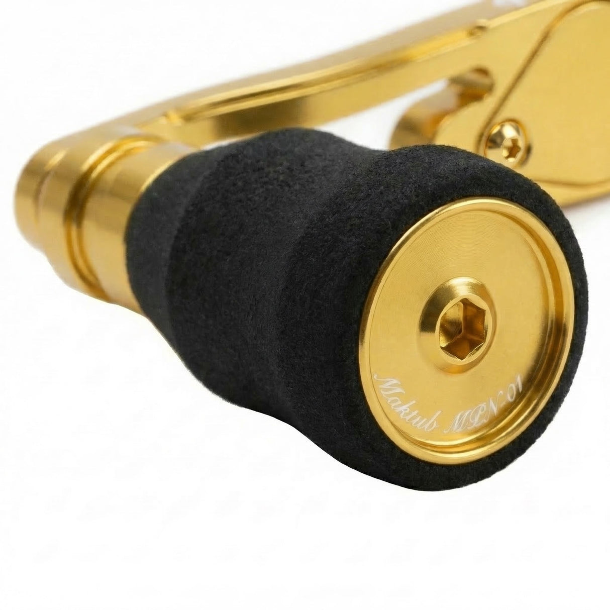 RL - Angelrollentuning - Maktub Power Handle 100 mm aus super Duraluminium mit 25 mm EVA Knobs für Shimano & Daiwa Baitcaster - 7x4 mm - Gold - 