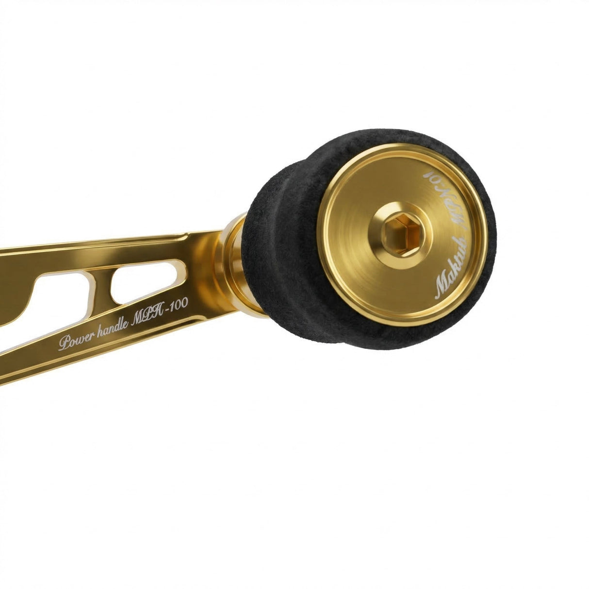 RL - Angelrollentuning - Maktub Power Handle 100 mm aus super Duraluminium mit 25 mm EVA Knobs für Shimano & Daiwa Baitcaster - 7x4 mm - Gold - 