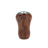 Der Pletry Premium Naturholz Small Gourd Knob in Bubinga weist eine natürliche Holzmaserung und einen Metalleinsatz auf und bietet eine elegante Aufwertung für Ihren Angelrollen Knauf oder Kurbelknauf. Abgebildet vor einem weißen Hintergrund.