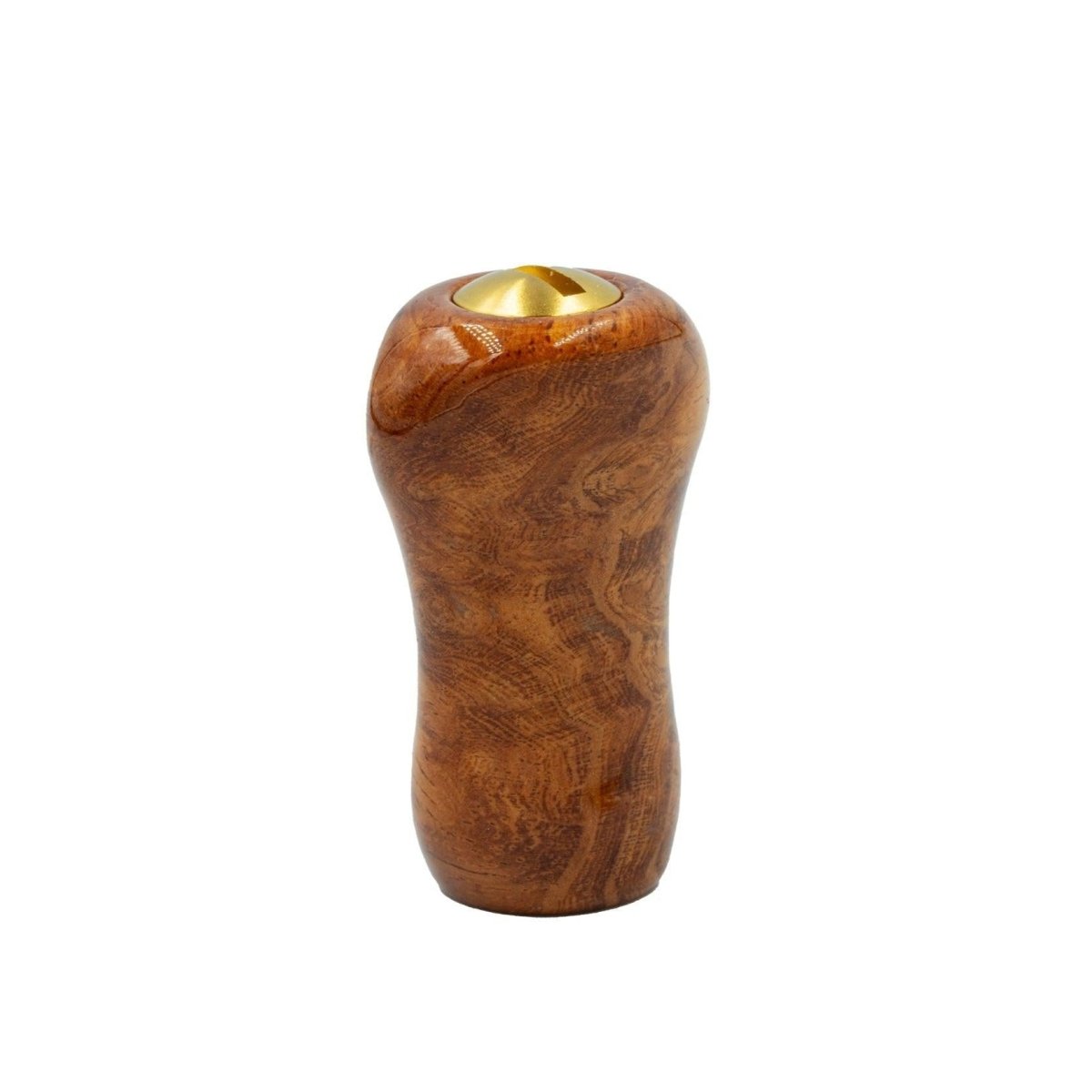 Der Pletry Premium Naturholz Small Gourd Knob ist ein hölzerner, geschwungener, zylindrischer Griff mit einer glatten Oberfläche und einer runden, messing- oder goldfarbenen Öffnung an der Spitze.